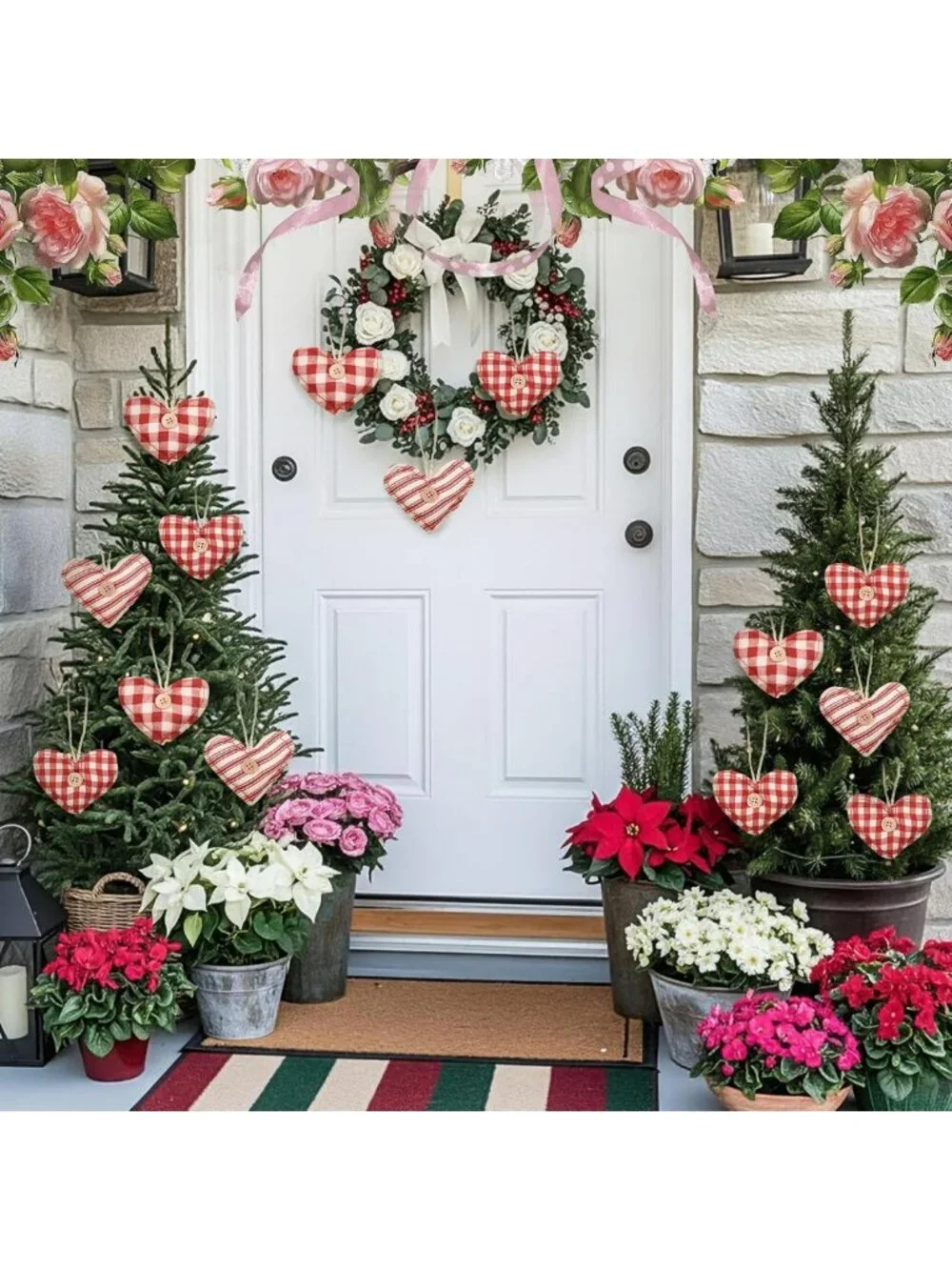 12 Pcs Vintage Heart Ornaments | Rustic Buffalo Plaid Hanging Decor for
